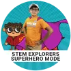 CodeMonkey monkey wearing glasses, boy with cape on wearing Junior Engineers shirt. On blue background in a circle. 