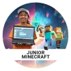 girl wearing white hat and glasses holding laptop with CodeMonkey game on the screen. Minecraft characters, in front of space background