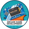 arcade game development on a blue background in a circle