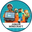 girl with laptop and minecraft characters on blue background