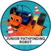 Pathfinding robot, 2 orange cones on an orange and blue background