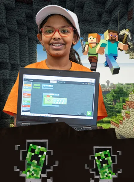 girl wearing white hat and glasses holding laptop with drag and drop coding on the screen. In front of Minecraft Survival Mode backdrop