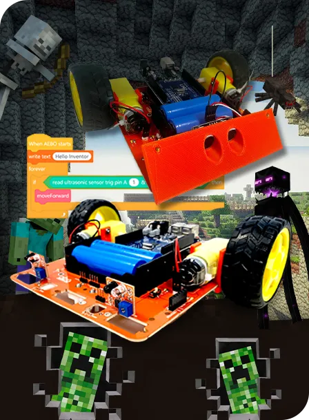 two robots with wheels in front of drag and drop coding and minecraft survival mode