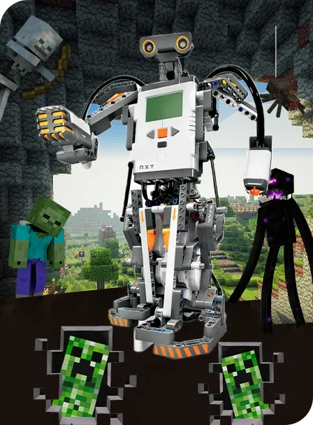 lego mindstorms character in a circle in front of a minecraft survival modebackground